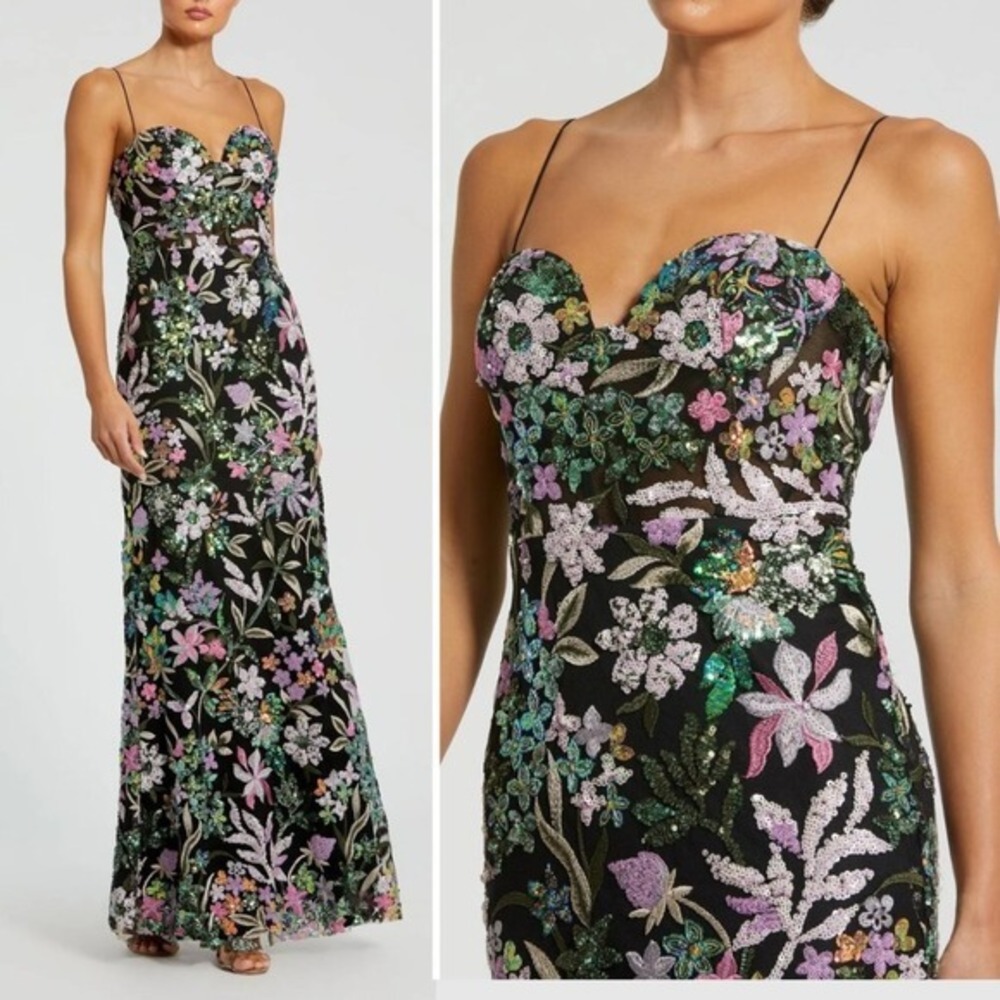 Mac Duggal Size 8 Spaghetti Strap Bustier Floral Long Maxi Gown Formalβ Dress